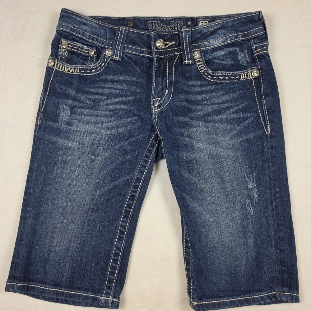 Miss Me Bermuda Denim Shorts JW5180M Dark Wash Embellished Stitching‎ Size 27